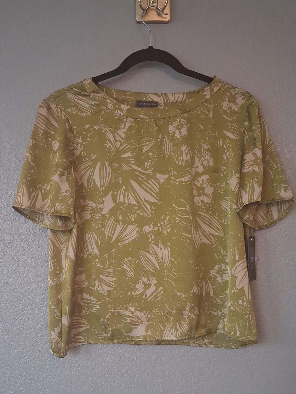 Eileen Fisher Olive Green and Cream Floral Short-Sleeve Top